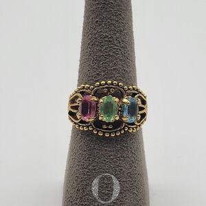 Seta Gold tone 3 Stone Pink Green Blue Statement ring Size 10